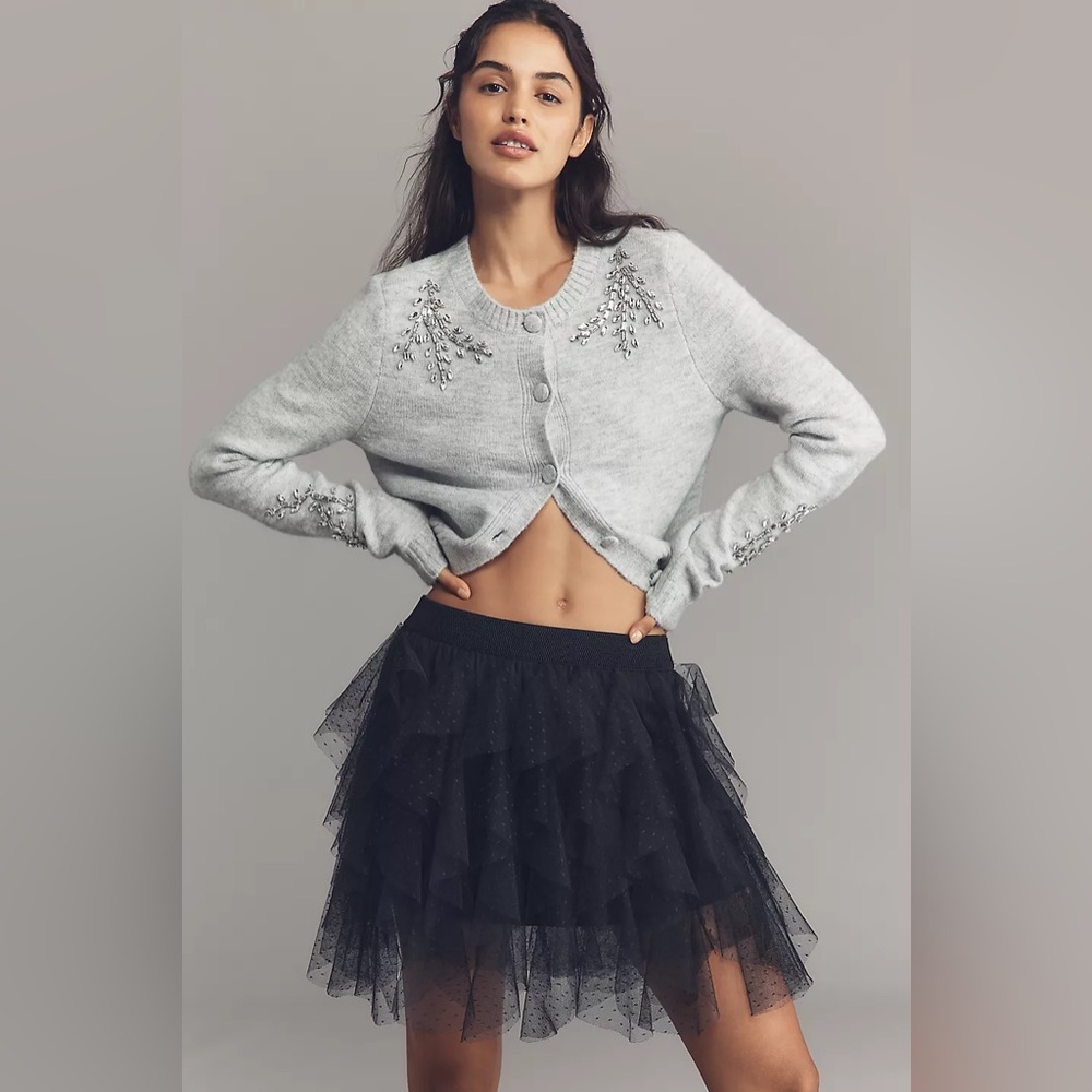 NWT Size S -Anthro The Chéri Ruffled Tulle Mini Skirt Black  (NWT US$ 128)